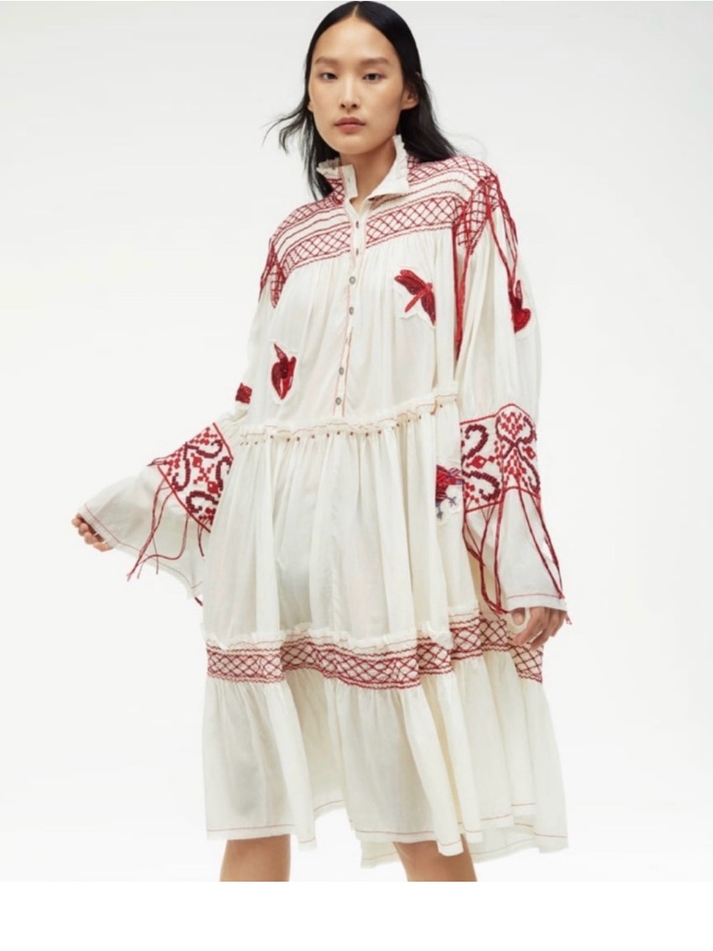 White Midi Dress with Red Embroidery